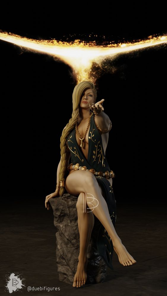 A colored render of our Queen Marika figure. She's wearing a blue dress and sitting on a rock, with a broken hammer on the ground. She's extending her left arm forward, inviting you to join her. On the background there's a fire cross.