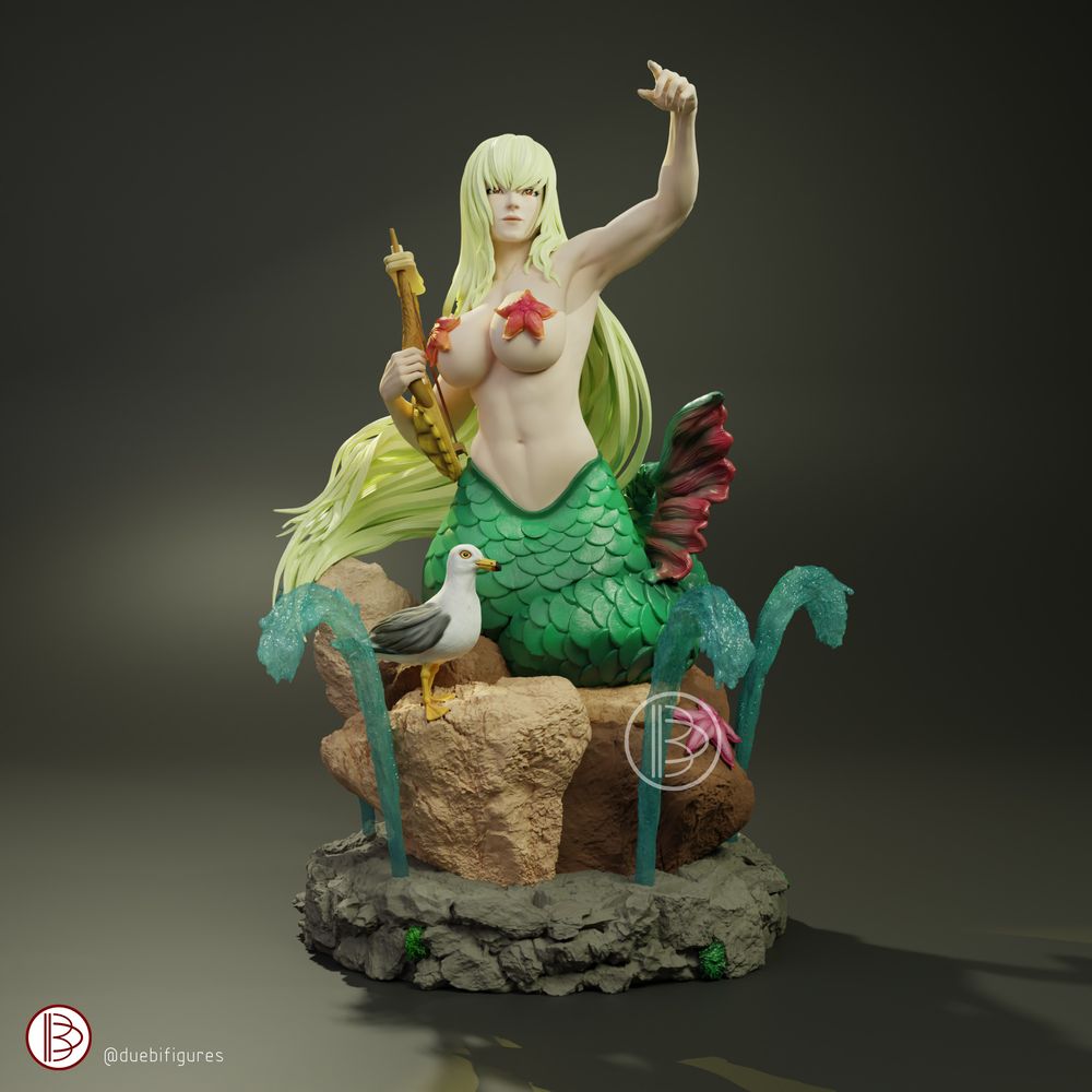 A colored render of our Napoli figure. She's a mermaid, and she's resting on some rocks.