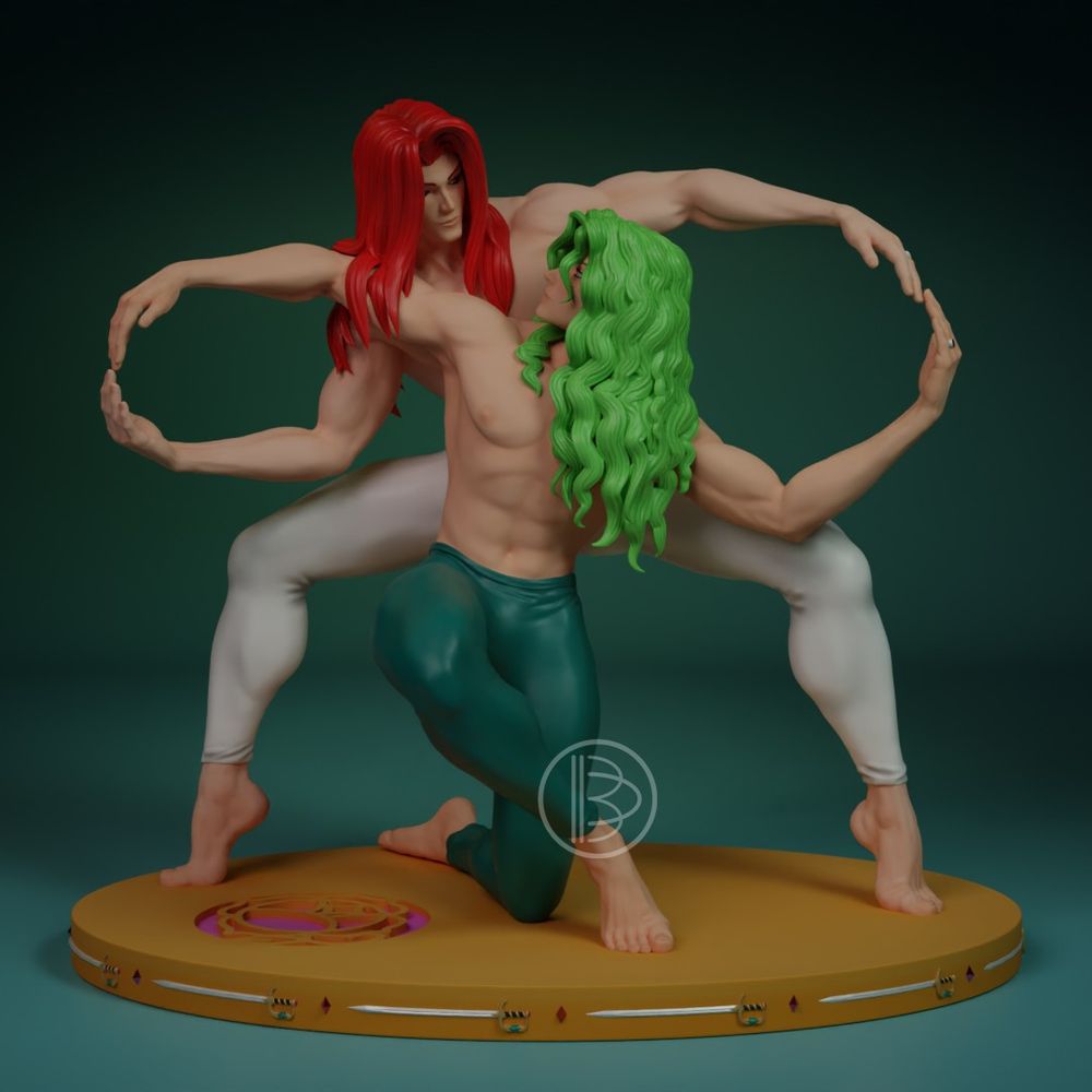 A colored render of our Touga and Saionji figure. They are in a weird pose, with their arms making the infinite symbol. They are looking into each other's eyes, in an intense or romantic way.