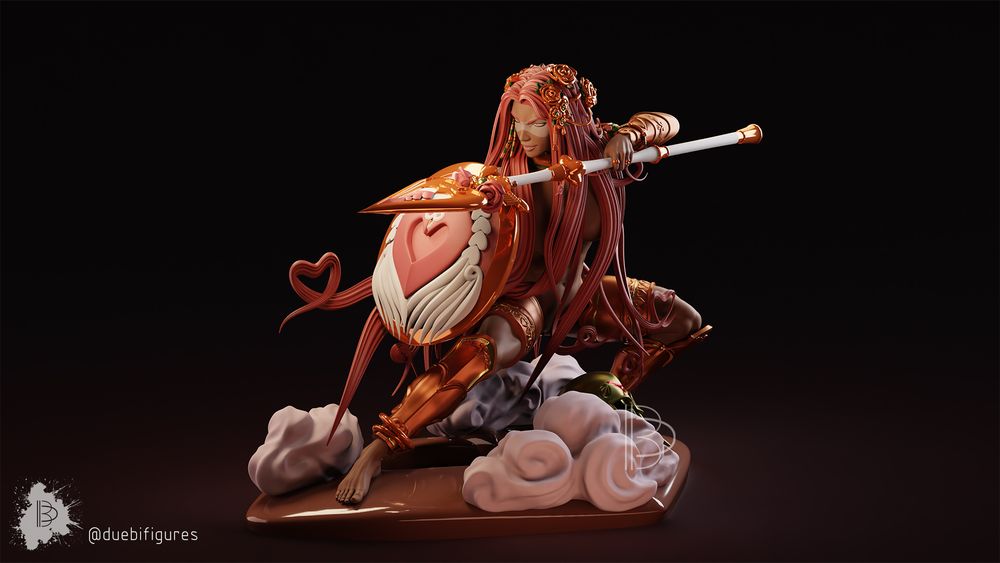 A colored render of our Aphrodite figure. She's in a warrior pose, holding a spear in her left hand and a shield in her right. She has a fierce expression.