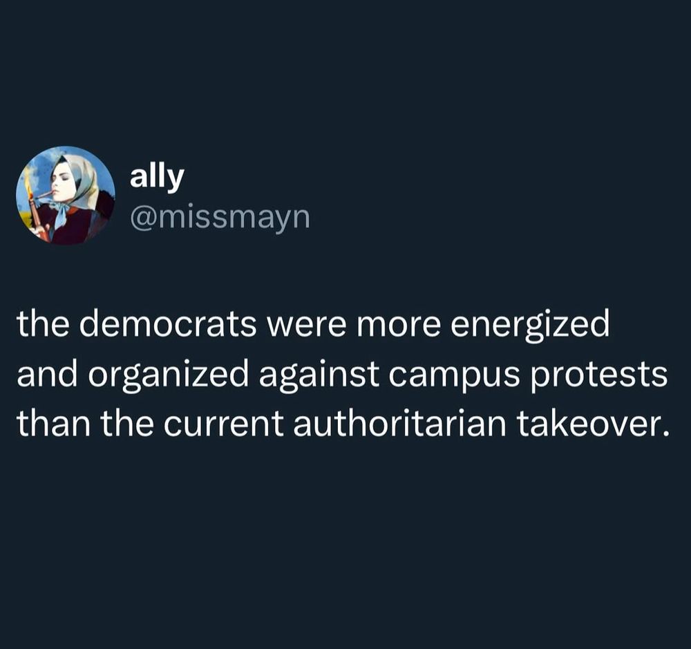 screenshot of a twitter post that says “the democrats were more energized and organized against campus protests than the current authoritarian takeover.” username is @missmayn