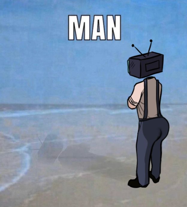 A TV-headed individual stares longingly at the sea. They are absolutely caked up. Man.