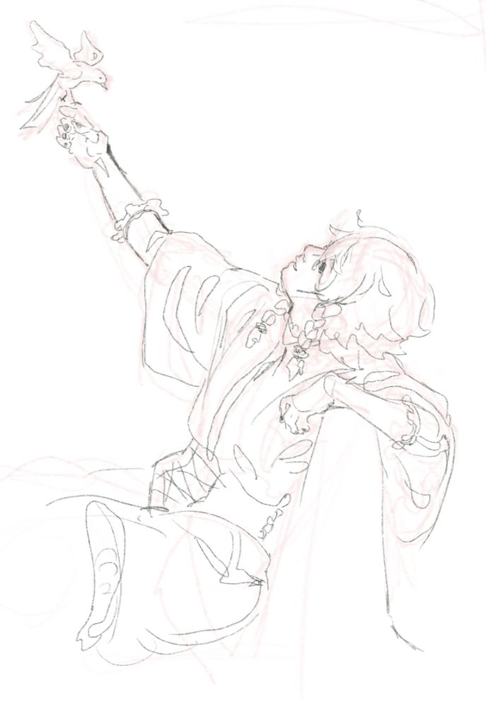 a digital sketch of venti (genshin impact). he’s shown sitting with one arm up on the side of the chair while the other reaches toward a bird in the top left of the image. 