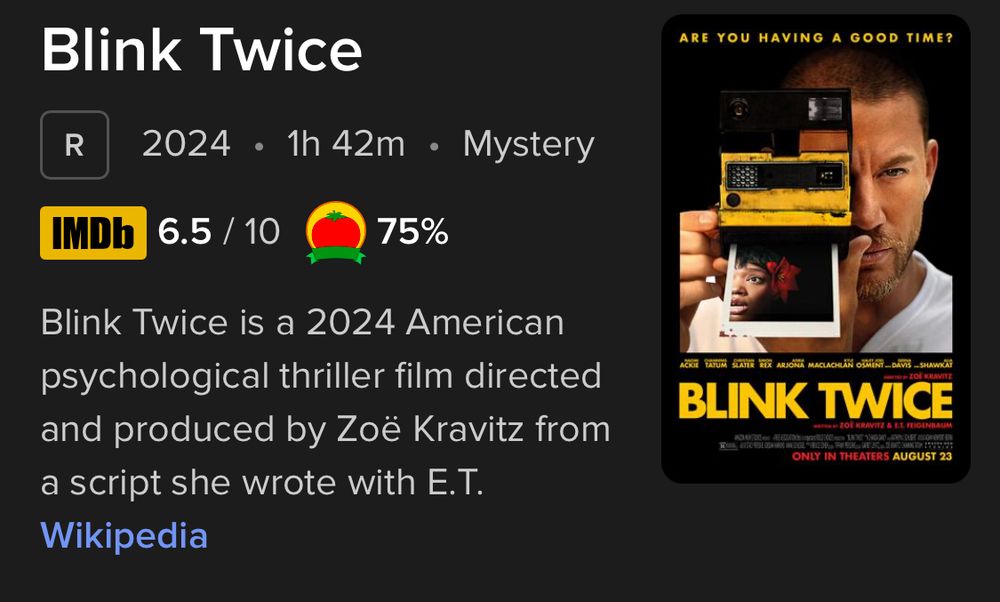 description of the movie blink twice claiming that zoë kravitz co wrote the script with E.T.