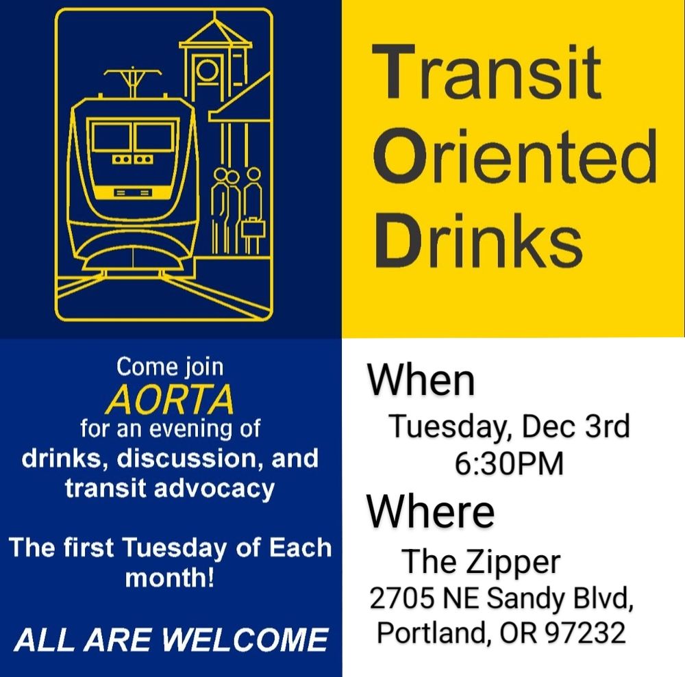 Invite graphic,

Transit Oriented Drinks, Tuesday December 3rd. 6:30pm at the zipper on Sandy Blvd
