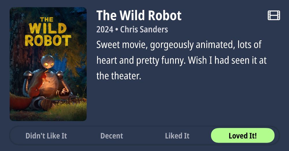 The Wild Robot 2024 Chris Sanders, dir.

Sweet movie, gorgeously animated, lots of heart and pretty funny. Wish I had seen it at the theater. 