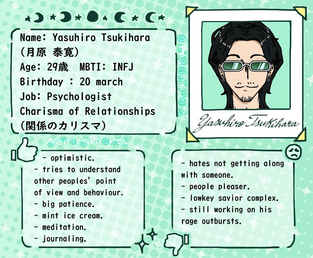an introduction chart with information of my oc called Yasuhiro Tsukihara. He has black hair styled in a mullet or wolf cut. He's wearing a pair of green sunglasses and a pair of small earrings. He's 29, his birthday is on the 20th day of March and he works as a psychologist. He's the charisma of relationships.