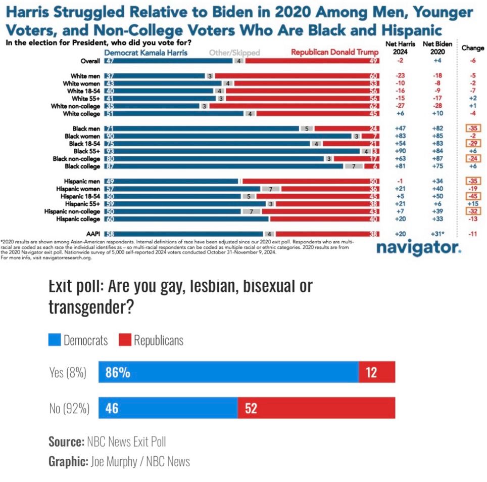 2024 election Voting by ethnic groups. Whites - majority trump. Blacks - majority Harris; Hispanics slight majority Harris; gays and lesbians (exit poll) 86% Harris