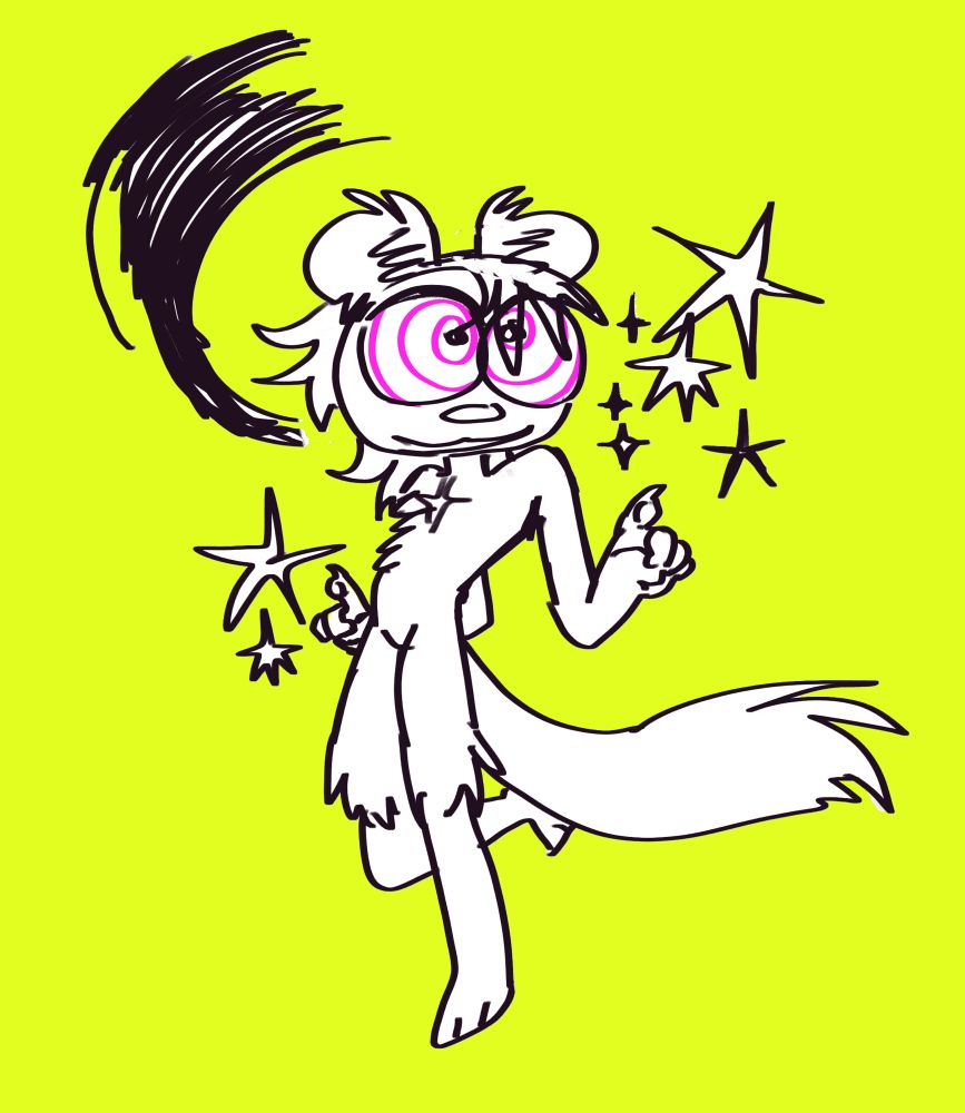 digital drawing of an anthro skunk with swirly eyes on a lime green background pointing at stars #furryart #furry