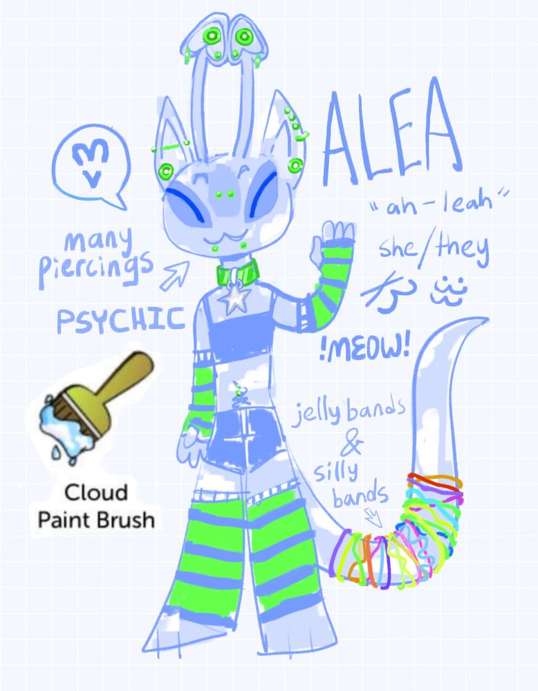 sketchy ref sheet of the neopet aisha. she’s painted with the cloud brush and wears neon green and black striped arm and leg warmers. she has many piercings on her face and ears and wears dozens of jelly bracelets on her tail. #neopets #furryart