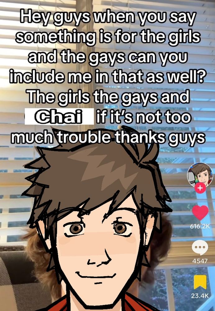 A picture of a tiktok screenshot with the character Chai (Hi-Fi RUSH) drawn over looking at the camera. Image contains text that says "Hey guys when you say something is for the girls and the gays can you include me in that as well? The girls the gays and Chai if it's not too much trouble thanks guys" 