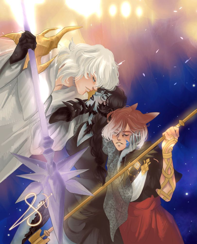 Elidibus curls his fingers around Liliths jaw as he leans in, spear drawn. She leans up to him while her other hand cradles the head of the Exarch who rests on her shoulder. His staff halts Elidibus spear from coming closer. Light and a night sky war behind them all

ITS SYMBOLIC OKAY!! Just read THE FIC IT WILL BLOW YOUR MIND