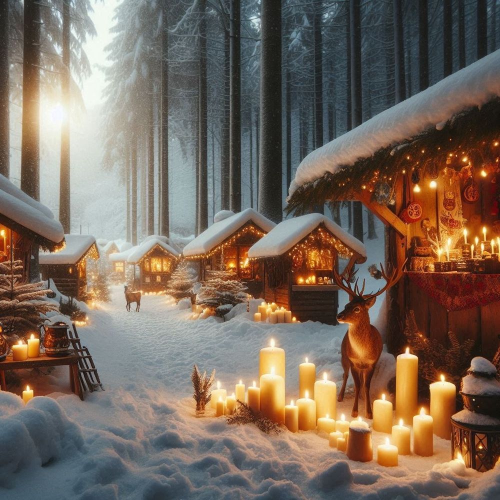 KI-Bild von einem verschneiten Weihnachtsmarkt im Wald mit Kerzenlichtern, kleinen Buden und Rehen!