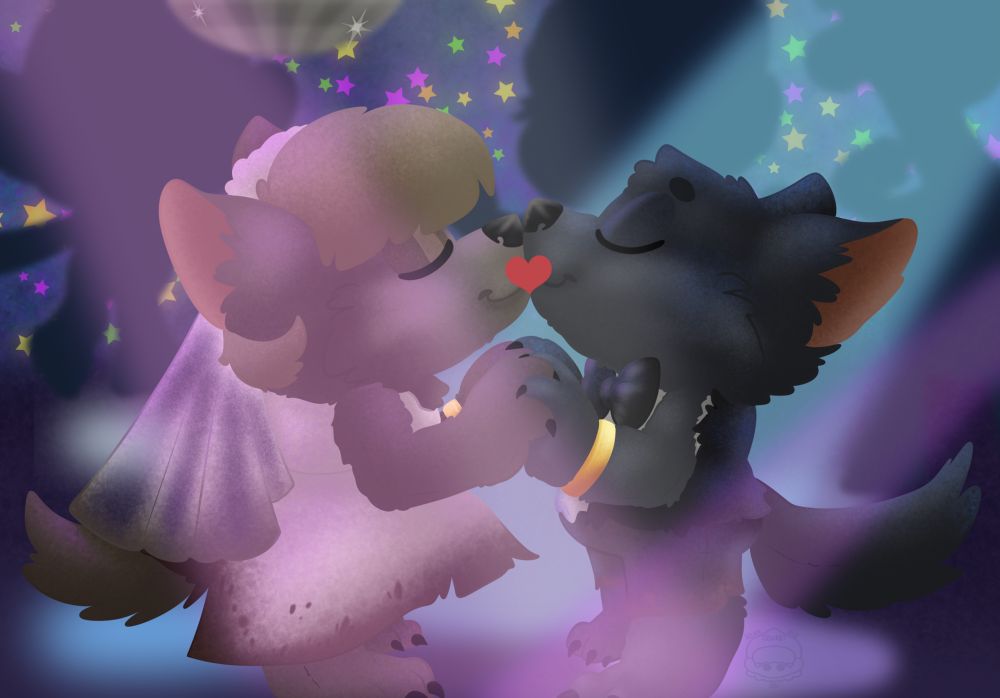 Cricket and John Dory in furry werewolf bridal themed costumes sharing a kiss on the dance floor 