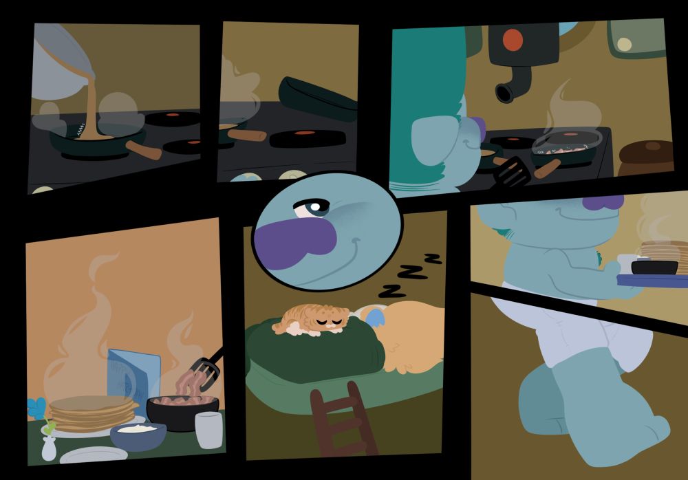Comic of John Dory making Pancakes and bacon while Cricket is sleeping 