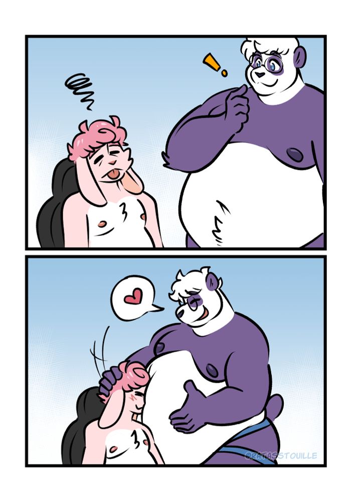 Two panel comic of my sona Benny (light pink and white tubby bunny with curly pink hair) with his BF Crumby (big fat panda, white with purple markings and round glasses).

- Panel 1: Benny is looking tired and scrunkly and his bf approaches him

- Panel 2: Crumby shoves Benny's face into his belly and has a heart speech bubble coming from him.