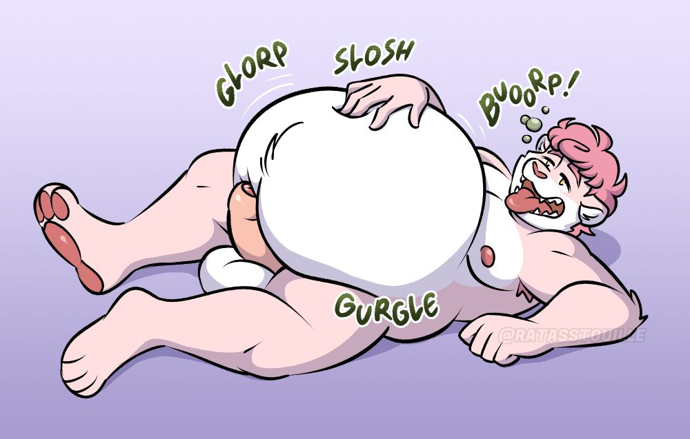 Pink lion laying on his back with a big, bloated and sloshy belly, belching and fingering his belly button