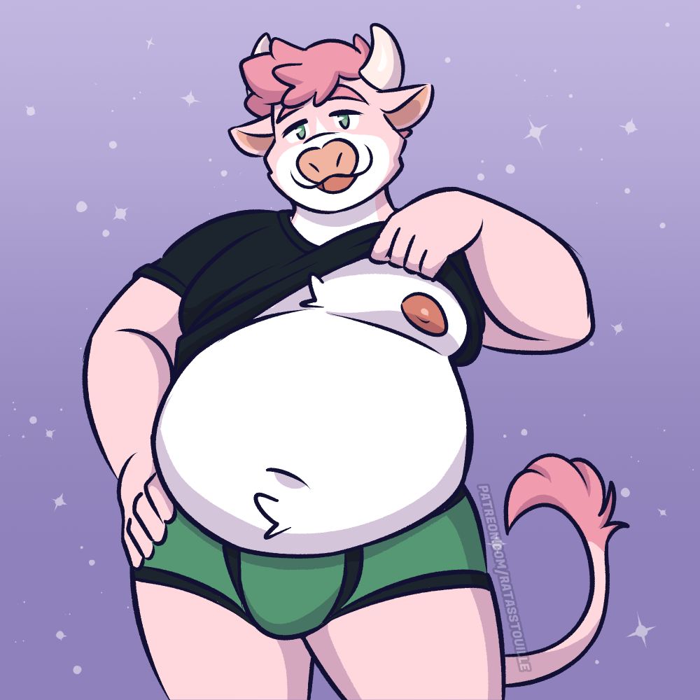 A light pink chubby bull with pink curly hair and green eyes, wearing a black t-shirt and green briefs, lifting up his shirt to show off his belly and titties 