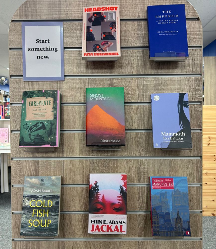 Book display featuring 8 titles from independent publishers - Headshot, The Empusium, Earlyfate, Ghost Mountain, Mammoth, Cold Fish Soup, Jackal and The Book of Manchester.