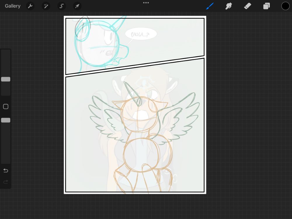 A work in progress of a ponified Kyzer looking at a ponified Paula with a pair of wings and a horn suddenly on her as she's ready to fight.