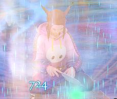 Lena's character is kneeling in the game's crafting animation, surrounded by a bright aura. A blue "724" floats by.