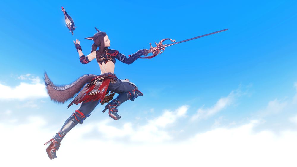 A ffxiv gpose: Lena has leapt into the blue, cloudy sky with her weapon brandished.