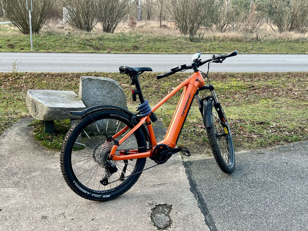 In dem Bild befindet sich ein orangefarbenes E-Bike, das auf einem Gehweg oder einer gepflasterten Fläche abgestellt ist. Das Fahrrad hat einen robusten Rahmen und ist mit einem Federgabel vorn ausgestattet, was auf ein Mountainbike oder Trekkingbike hinweist. Es hat breite, profilierte Reifen, die sich gut für unebenes Gelände eignen.

In der Nähe des Fahrrads steht eine steinerne Bank, die auf einem kleinen gepflasterten Bereich platziert ist. Im Hintergrund ist eine Straße zu sehen, die von Bäumen und Büschen gesäumt ist. Die Umgebung wirkt ländlich oder vorstädtisch mit viel Grün.
