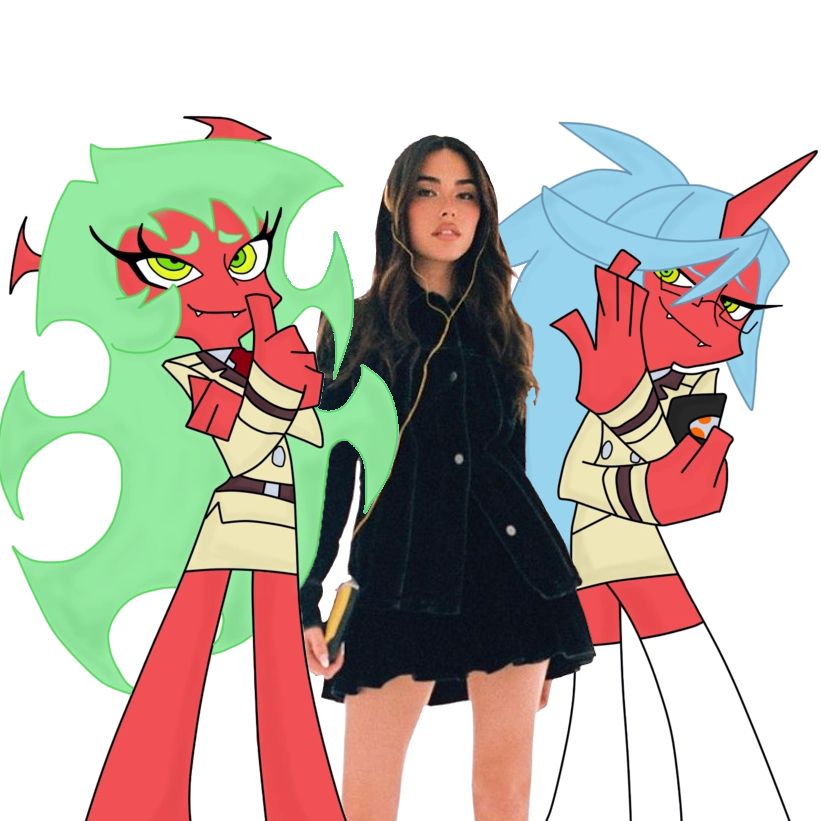 Madison Beer standing between Scanty and Knee Socks from Panty & Stocking with Garterbelt