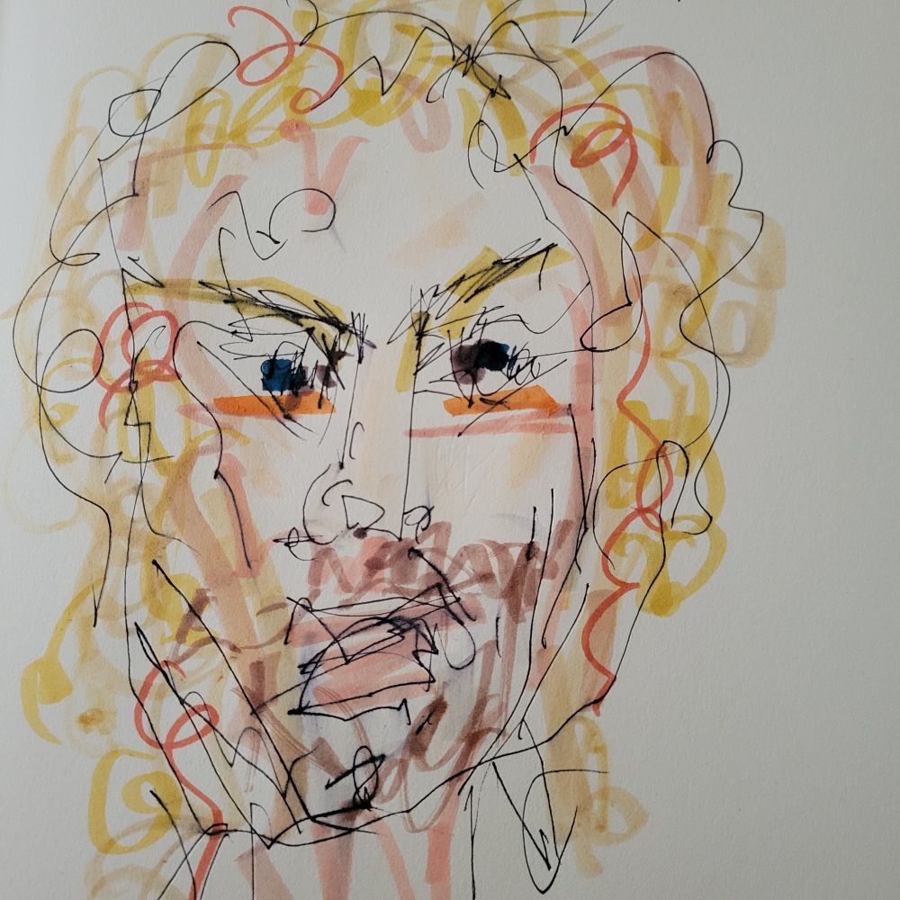 A terrible but admirable attempt at drawing Hangman Adam Page in the only style I know how to do (terrible). Made with double sided alleged art marker pens. He's blond.