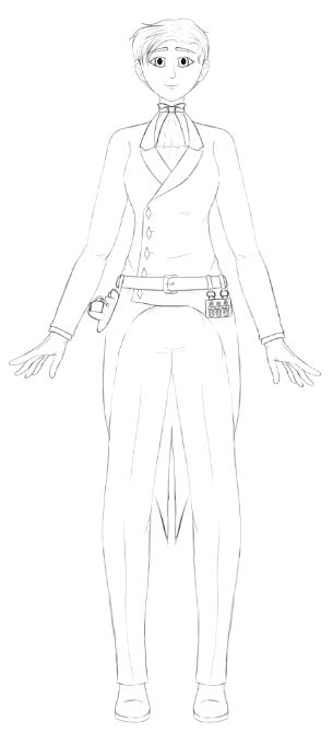 A butler character with short hair, an ascot, a suitcoat with coattails, gloves, and dress pants. The suit coat has diamond buttons, and over it is a belt with a holster on one side for a tea cup and plate, and a holster on the other for three vials.