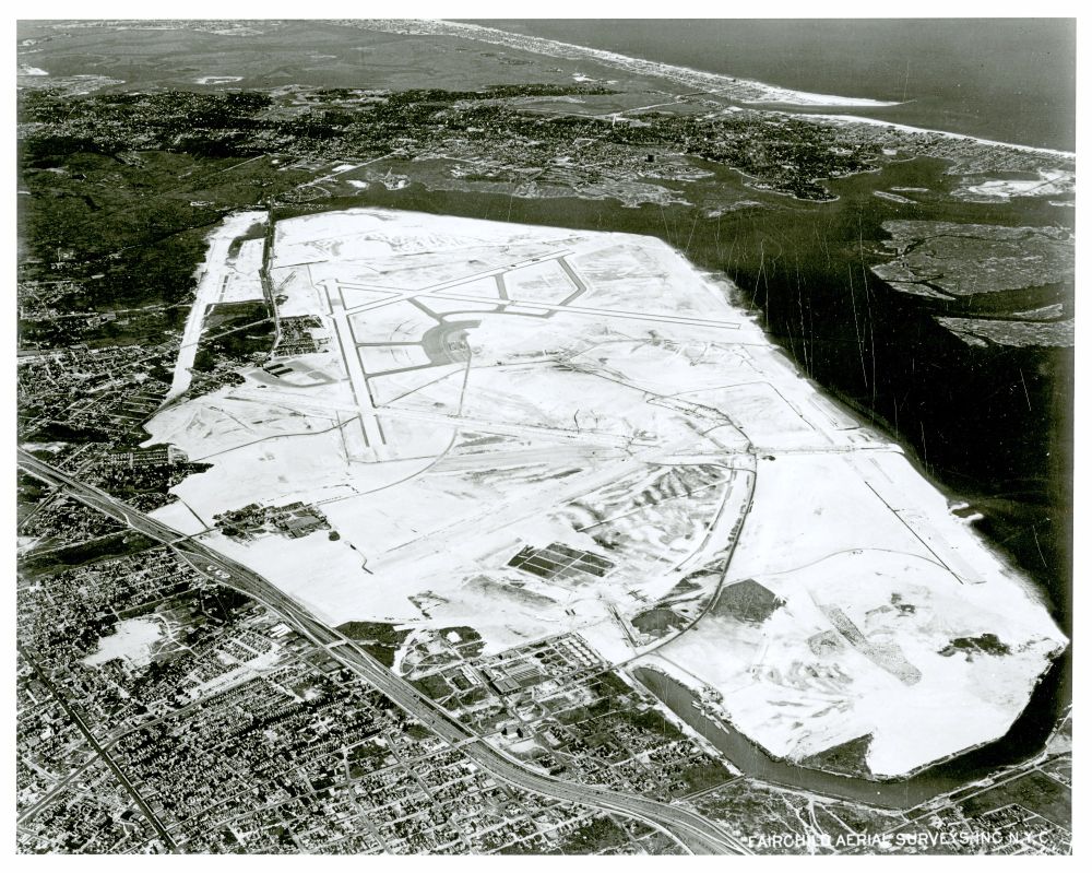 Aerial view of airport under construction on Jamaica Bay, NY