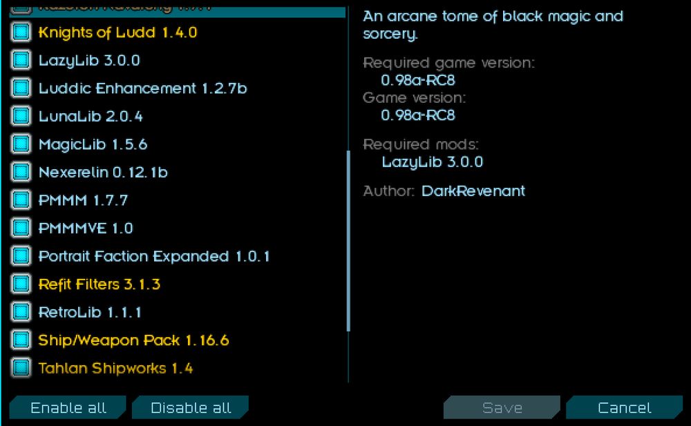 starsector mod loader window with a bunch of mods in it