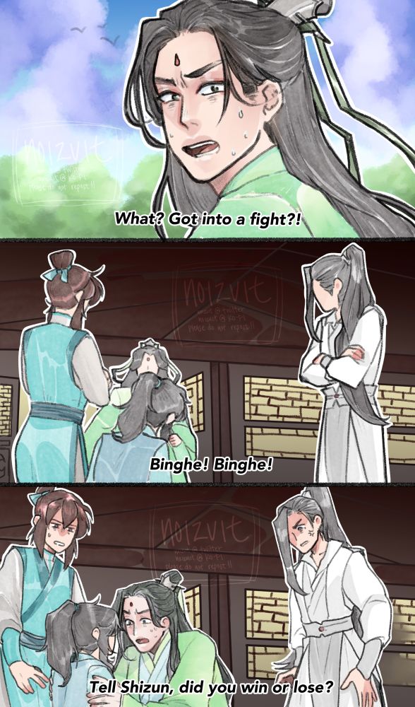SQQ in a panic: What? Got into a fight?!

SQQ runs in in a panic yelling Binghe’s name. SQH and LQG are with Binghe. 

SQQ grabs Binghe and asks: Tell Shizun, did you win or lose?
The other two peak lords are shocked/disgusted. 