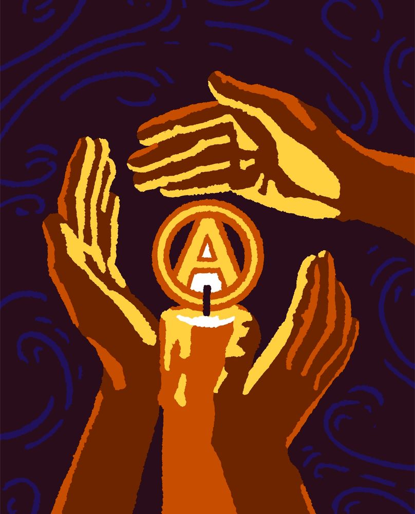 A graphic illustration of three hands cupped around a candle flame in the shape of a circle-A, lit by its warm glow as they protect it from swirling winds.
