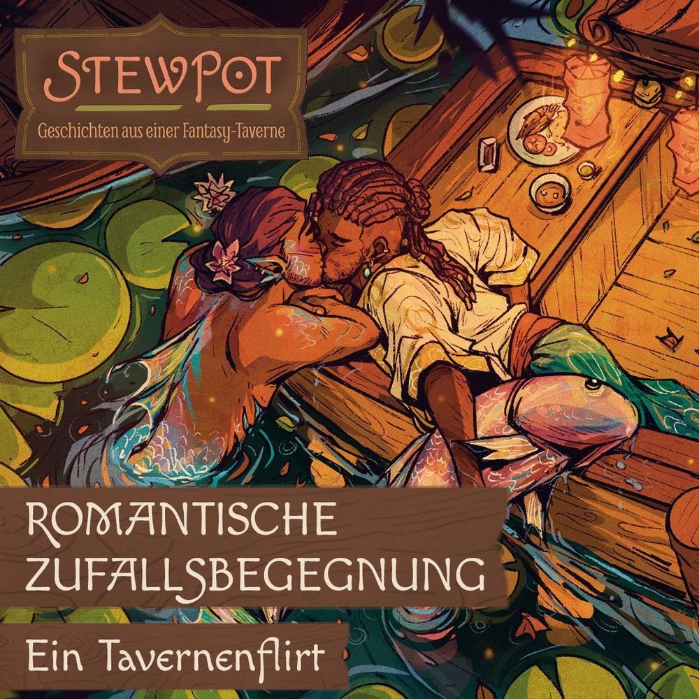 Stewpot: Romantische Zufallsbegegnung - Ein Tavernenflirt. Ein Mann mit Cornrows und einem großen Fisch unter dem Arm lehnt sich über den Rand eines Tavernenboots und küsst einen aus dem Wasser aufgetauchten Meermann mit Blumen im Haar. Drumherum sind die Blätter von Seerosen zu sehen. In der Ecke ist das Titellogo von Stewpot - Geschichten aus einer Fantasy-Taverne.