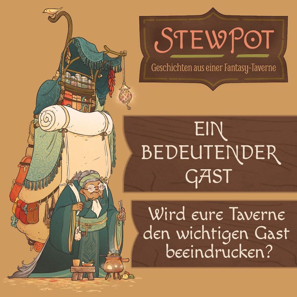 Stewpot: Ein bedeutender Gast - Wird eure Taverne den wichtigen Gast beeindrucken? Eine sehr kleine alte Frau mit bodenlangen grauen Haaren, asiatischen Gesichtszügen und einem dunkelgrünen Gewand trägt einen riesigen Rucksack, der doppelt so hoch ist wie sie selbst. Am Rucksack sind mehrere Taschen, Bündel und Bettrollen befestigt und oben thront ein Regal mit Gewürzgläsern und anderen Vorratsbehältern. Vor der Frau steht ein kleiner Suppenkessel und ein kleiner Hocker mit einer Schüssel und einem Becher darauf. In der Ecke ist das Titellogo von Stewpot - Geschichten aus einer Fantasy-Taverne.