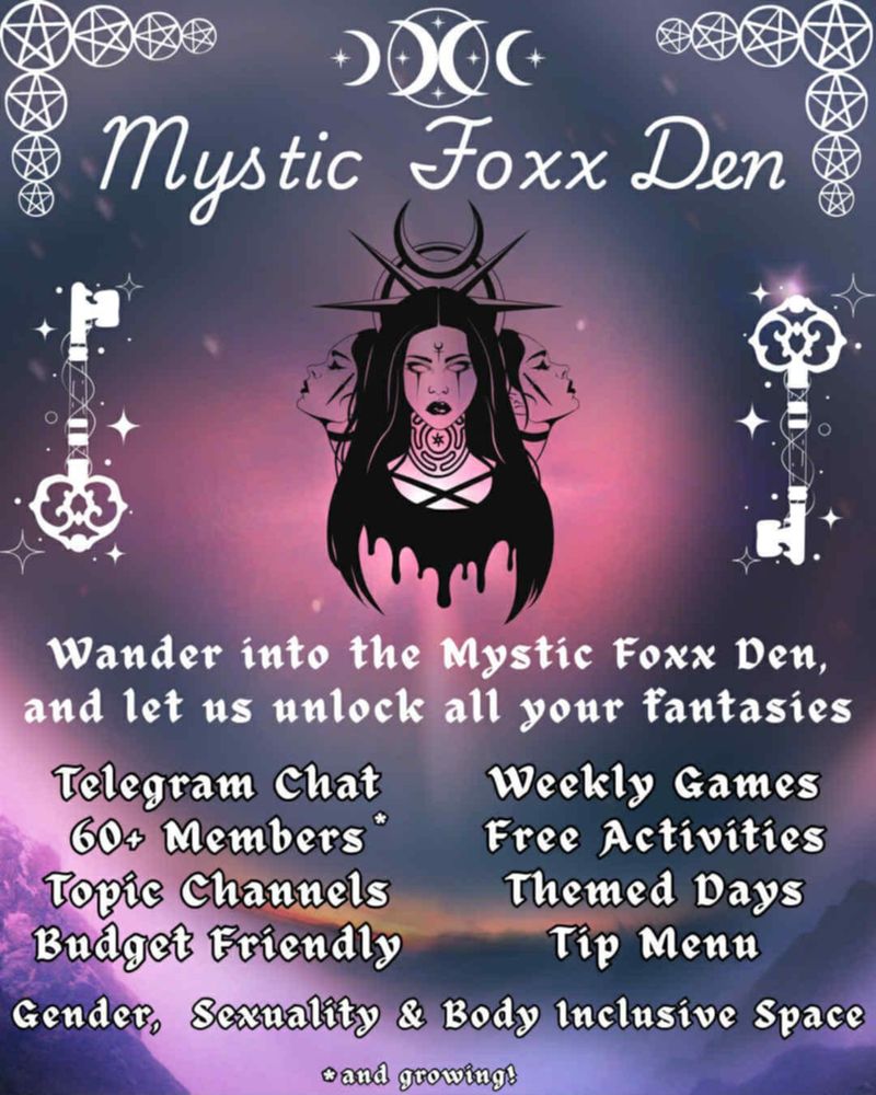 info flyer for the Mystic Foxx Den P2P telegram chat. 