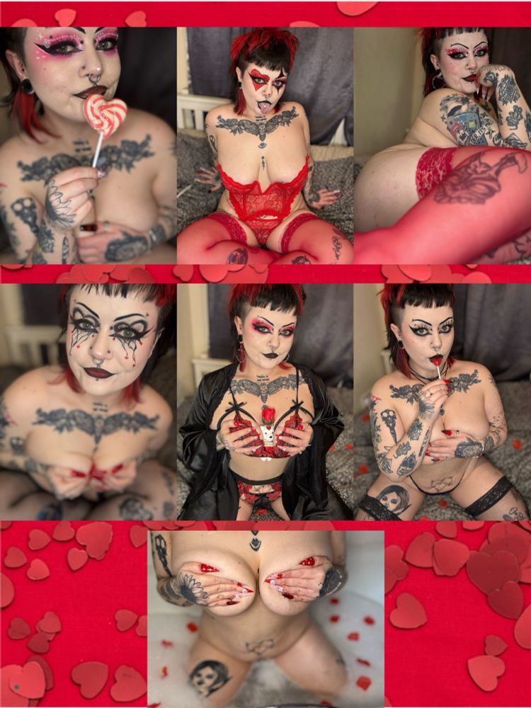 Collage of 6 photos - Bug’s valentines themed makeup looks. The seventh photo is bug in a bath with rose petals.