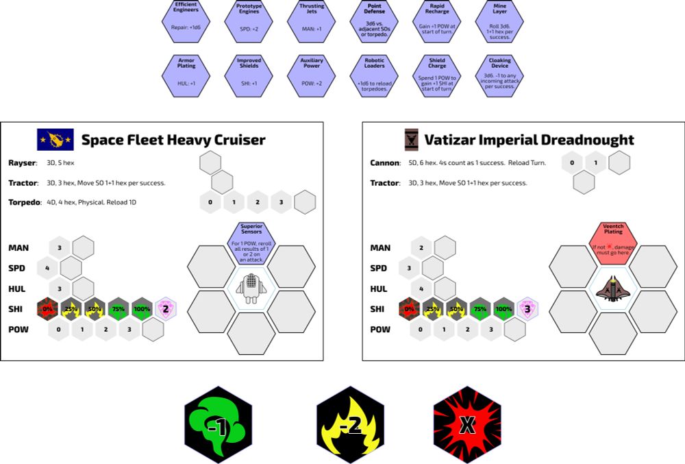 Ship cards, upgrade tokens, and damage tokens for the Boldly Go! Ship Battle Game. 