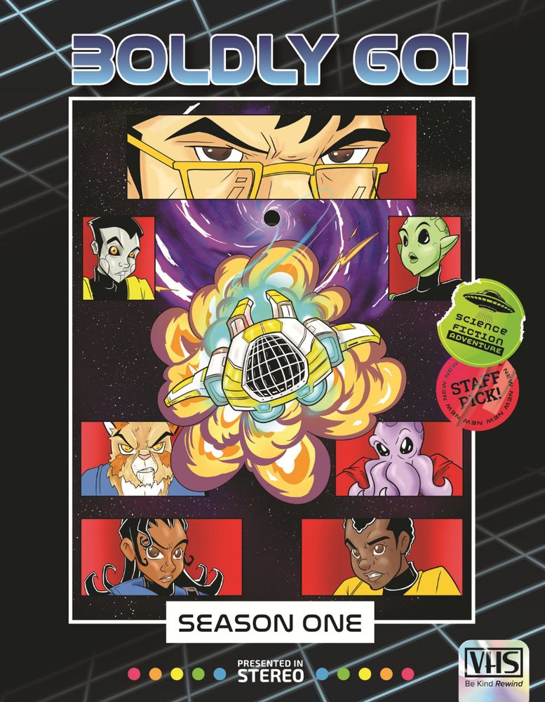 A cover of an RPG book designed to look like a VHS tape. A mix of dramatic close-ups of the crew of the Oswego staring at a starship fleeing from a massive explosion.
