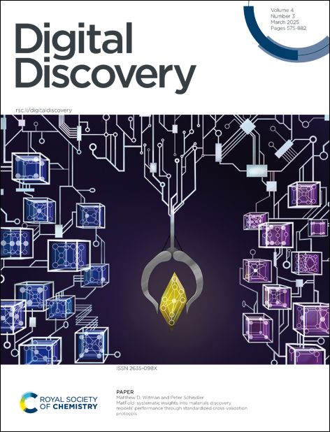 The front cover of Digital Discovery issue 3. Illustration of dividing materials for training to evaluate a machine learning model’s (robotic arm) ability to generalize and enable the discovery of new materials.