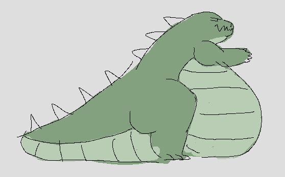 fat Godzilla, side view.  dark green with light green belly and white back spikes.  their belly reaches the ground, thick tail laid out behind them,  displeased expression on their face, reaching forward