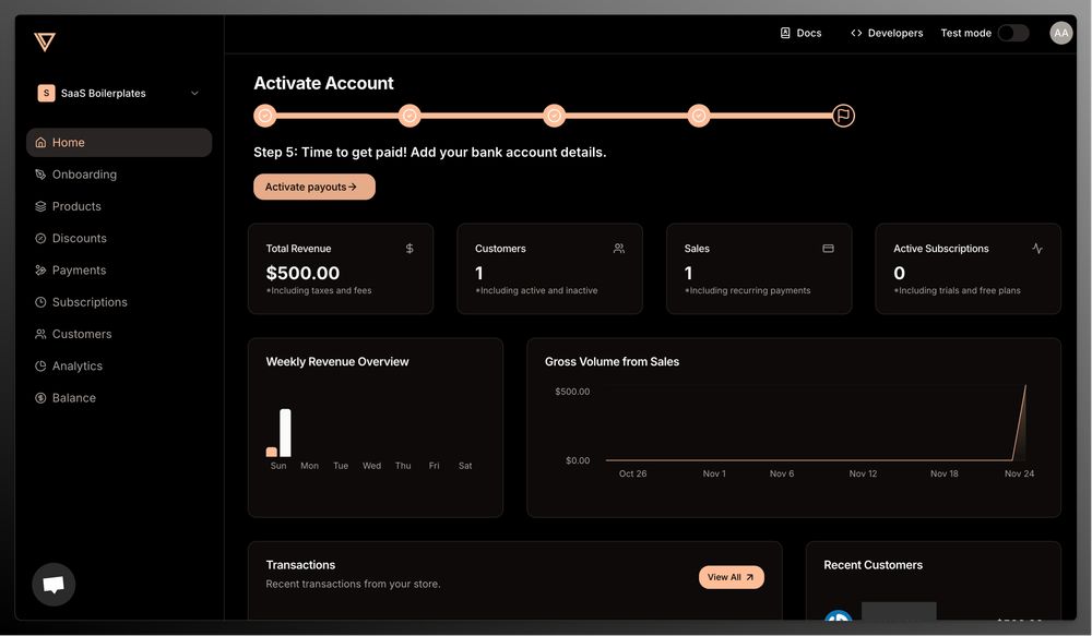 Creem.io dashboard for https://saasboilerplates.dev showing 
Total Revenue: $500.00
Customers: 1
Sales: 1