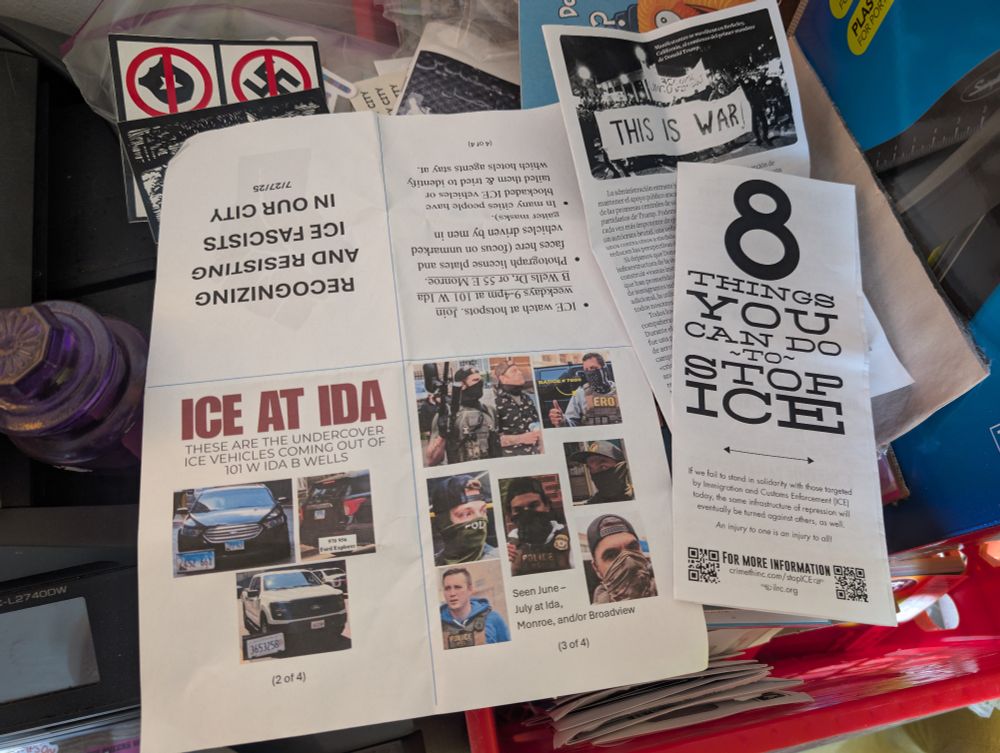 Home printed zines and pamphlets incl one with recent photos of Chicago area ICE agents