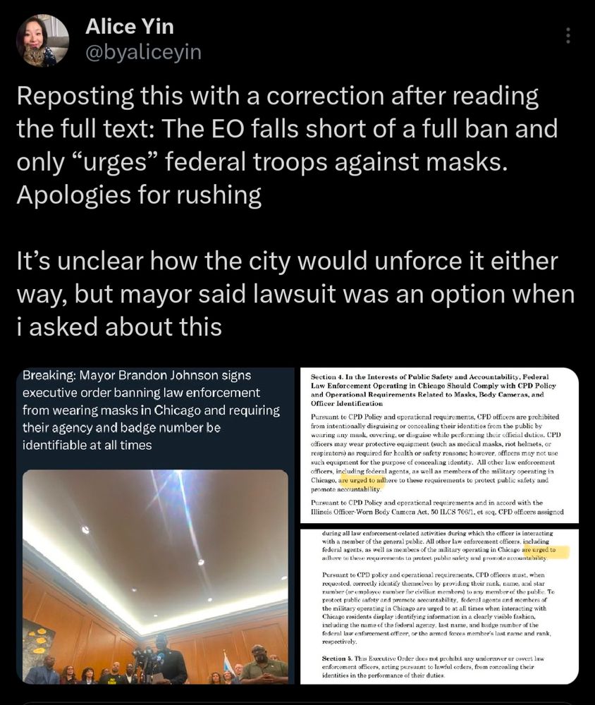 Alice Yin @byaliceyin Reposting this with a correction after reading the full text: The EO falls short of a full ban and only 