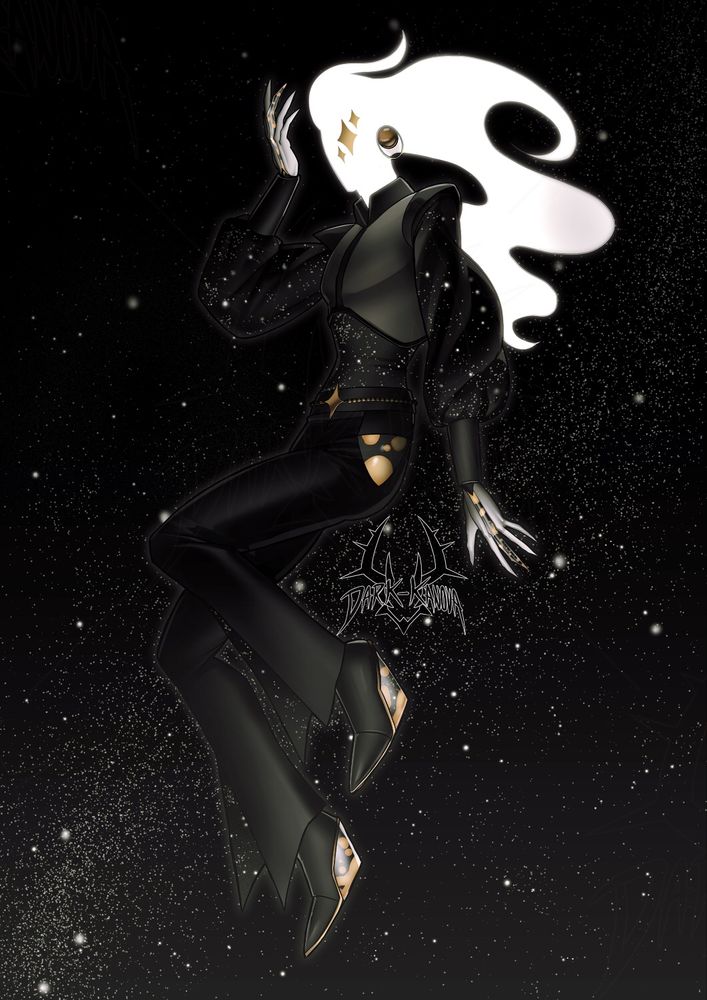 A glowing white humanoid in dark clothes floating in a starry sky. They wear a black, puffy sleeved blouse with a star pattern, grey vest and black pants with slitted legs that reveal boots. Parts of their body, fingers and heels are see through to reveal yellow lava lamp-esque sections. They also wear golden earrings and belt with star shaped buckle. 