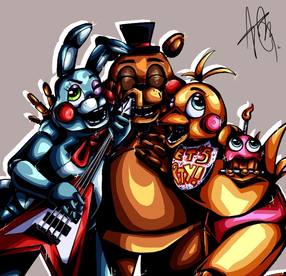 Digital fanart of toy bonnie, toy chica and toy freddy posing for the camera. Bonnie is holding his guitar, Chia is showing off her cupcake with her free hand making a peace sign around bonnies shoulder with toy freddy laughing between the two
