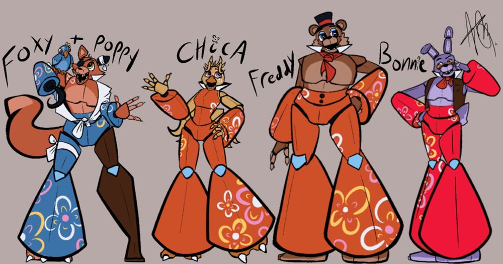 concept sketches of a seventies themed FNAF band (Bonnie, Chica, Freddy and Foxy (and Poppy)) break downs of designs and my choices are in the linked tumblr post in the comments