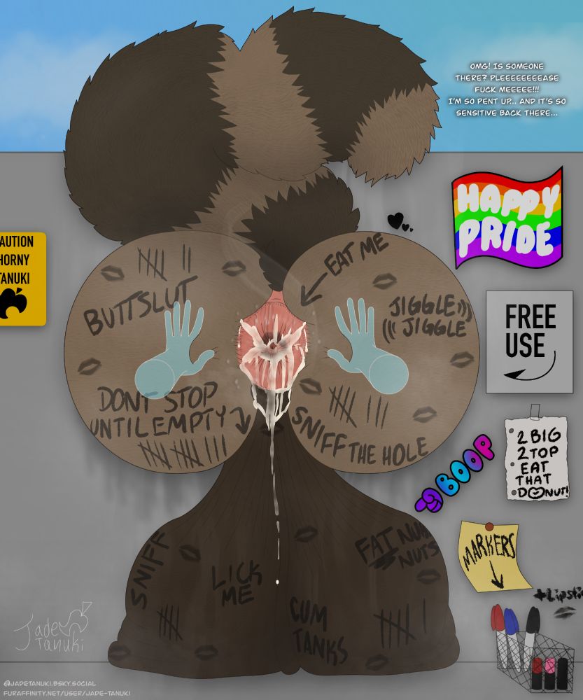 Jade stuck in a wall with his cum-filled donut hole and hyper balls in full view. Blue transparent ghost hands spread the hole apart and show the sweat, cum, and musk to the viewer. His butt and balls are covered in marker marks, tally marks, and black lipstick kisses.