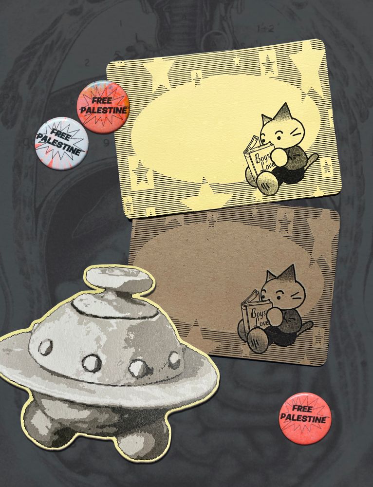 Ufo sticker, free palestine pins, cards with a cat reading a book that says "boys love" 